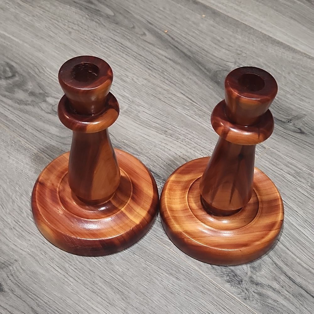 Set of 2 MCM LG Wooden Candlestick Holders